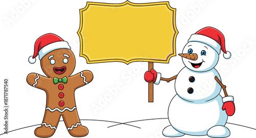 Cute gingerbread man and snowman holding blank signboard illustration, cheerful Christmas winter holiday cartoon vector on white background