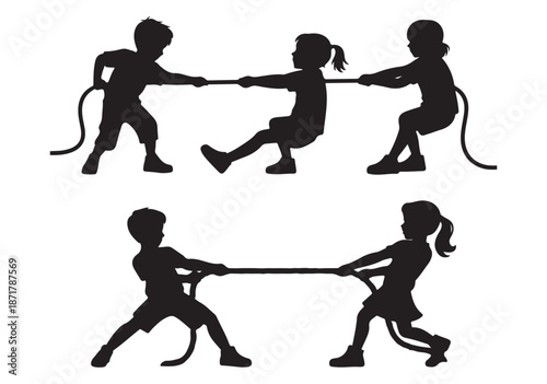 Kids Tug of War Silhouette Vector Icon Illustration.