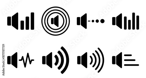 Black speaker volume indicator icons set, audio sound level vector