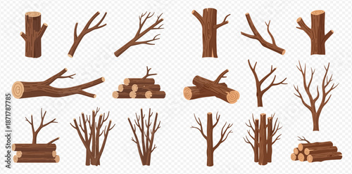 Set of various wooden logs, tree stumps, and bare branches on transparent background.