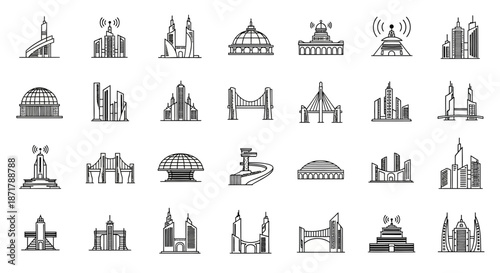 Set of modern city skyline icons with buildings and bridges