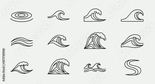 Minimalist ocean wave icons in various dynamic styles and shapes
