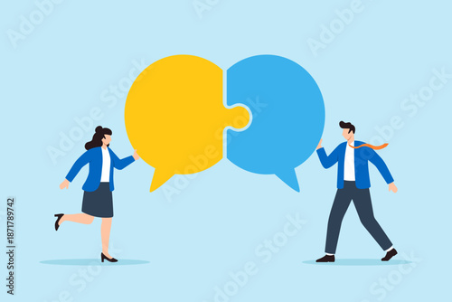 Flat illustration of businessman and businesswoman connecting speech bubble puzzle pieces symbolizing teamwork communication collaboration unity and shared understanding