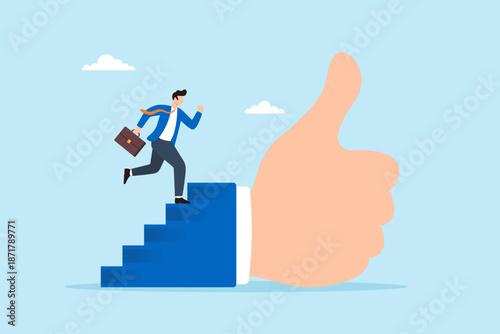Flat illustration of businessman climbing stairs shaped as giant thumbs up symbolizing progress success achievement motivation and positive growth path