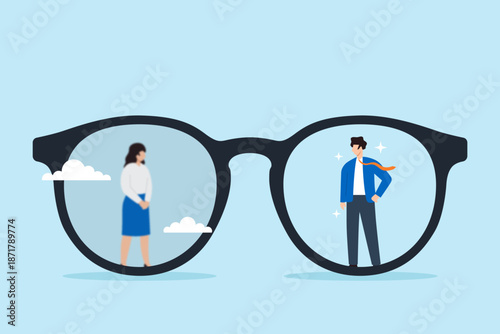 Flat illustration of eyeglasses with cloudy blurry vision on businesswoman and clear sharp vision on businessman symbolizing gender bias in workplace unequal visibility discrimination