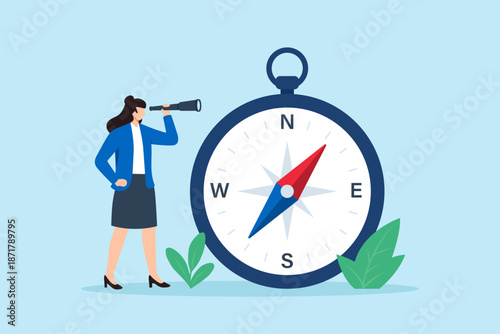 Flat illustration of businesswoman using telescope beside large compass symbolizing career direction strategic vision future planning and opportunity exploration