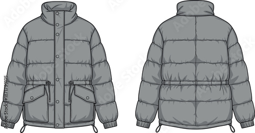 Gray winter puffer jacket front and back view detailed fashion apparel illustration isolated clothing design for catalog ecommerce