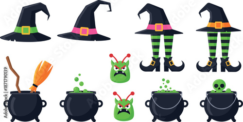 Halloween witch elements set with hats broom cauldrons monster faces and striped legs spooky cartoon vector illustration