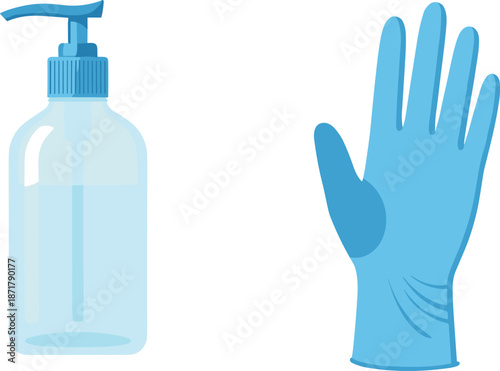 Hand sanitizer bottle and medical glove vector illustration for hygiene safety protection healthcare cleaning concept isolated design