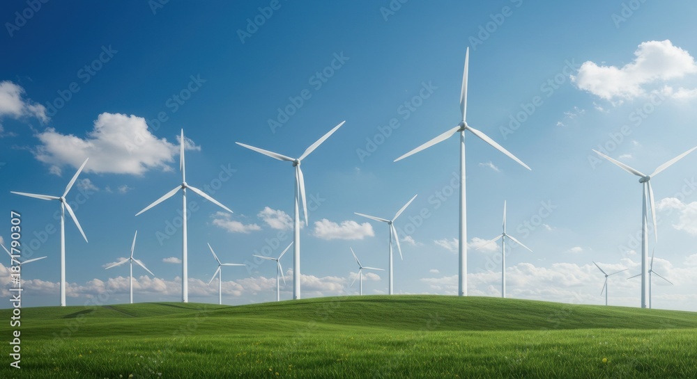 Fototapeta premium Wind turbines generating power on a green field under a clear blue sky