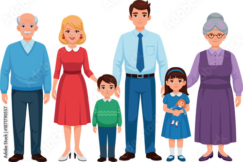 Happy three generation family standing together illustration showing grandparents parents and children, love, unity, modern flat vector style