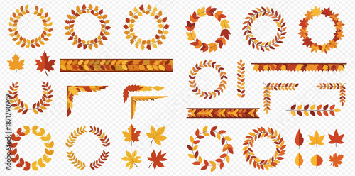 Autumn leaves vector set of decorative elements including wreaths, borders, and corners in fall colors.