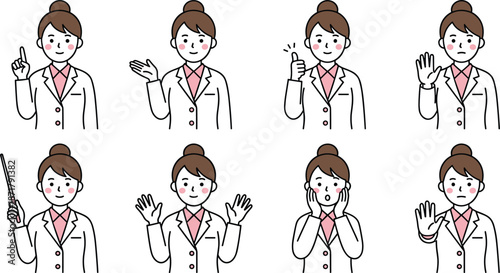 Cute teacher character illustration set, female instructor gestures, explaining emotions and actions, education concept, flat cartoon vector design