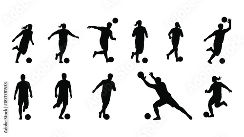Silhouettes of people playing soccer in various dynamic action poses