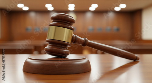 Gavel on a wooden table in a courtroom, symbolizing justice and legal proceedings