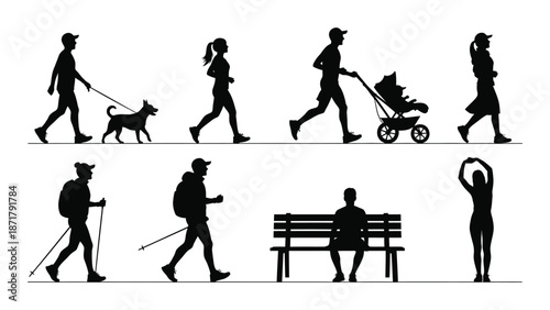 Silhouettes of people engaged in various outdoor activities and moments of leisure
