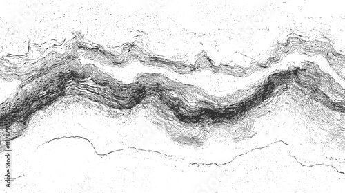 Dynamic monochrome of geological strata featuring flowing, wavy rock layers with fine linear textures and a sense of depth
