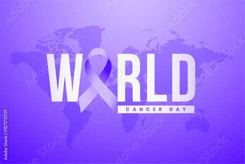 world cancer day purple background with global map and awareness ribbon