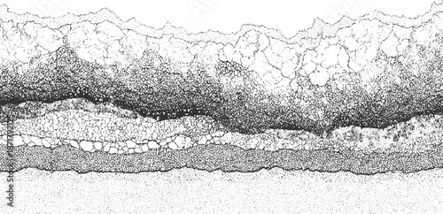 Artistic cross-section of geological strata showcasing layered rock formations with granular textures and cracked surfaces in monochrome