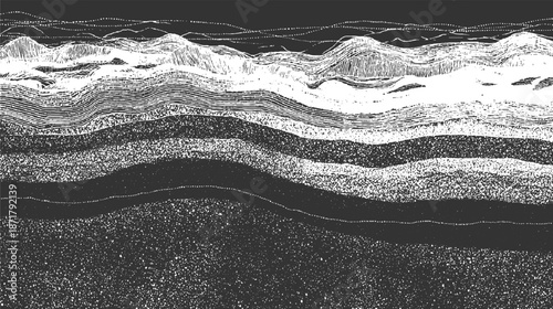 Abstract monochrome representation of layered geological strata with undulating wavy lines and granular textures, suggesting subterranean formations and earth layers