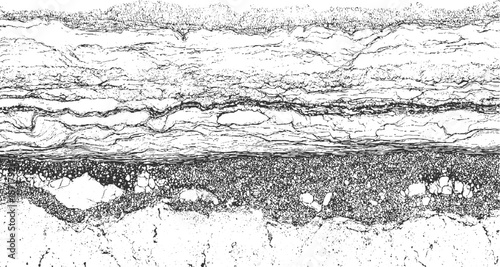 Monochrome of geological strata revealing distinct layers of rock and sediment with varied granular and fragmented textures