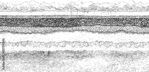 Striking monochrome abstract representing geological cross-section with distinct horizontal layers of varied textures from granular to wavy, showcasing natural stratification