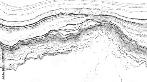 Intricate monochrome depiction of geological strata with sharp, folded layers and fine textured details, creating a sense of geological history and complex formations