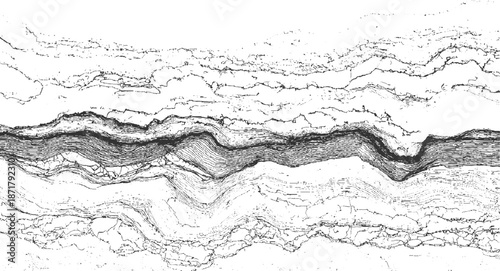Intricate cross-section of geological strata with folded rock layers and cracked textures rendered in a detailed monochrome line style