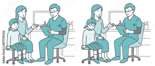 問診と体調不良の女の子と母親セット（男性医師・スクラブ）