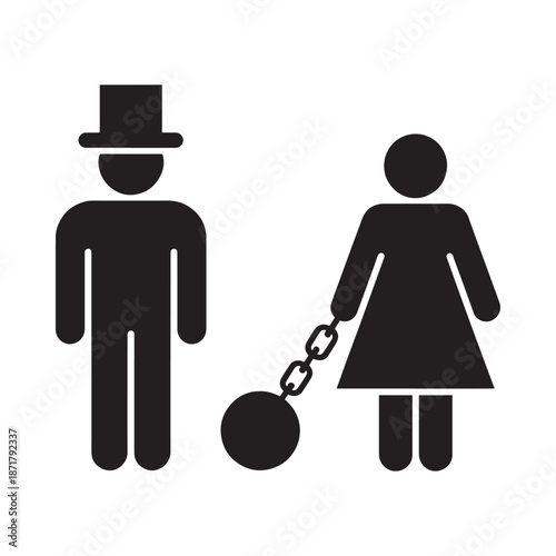 Silhouette of a man and woman connected by a chain symbolizing constraint