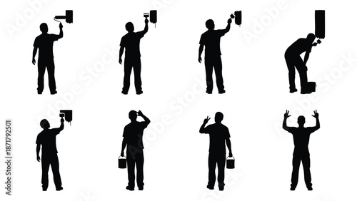 Silhouettes of a person performing various actions with a bucket and brush