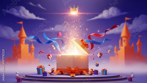 A magical gift box bursts open, revealing shimmering light and floating presents under a golden crown and fantasy castles. Perfect for celebrations and royal themes.