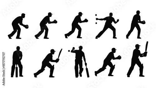 Silhouettes of baseball players in various action poses depicting gameplay