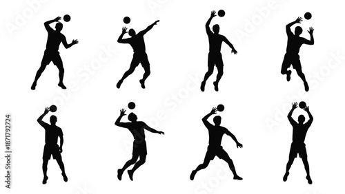 Silhouettes of people juggling balls in various dynamic poses and positions