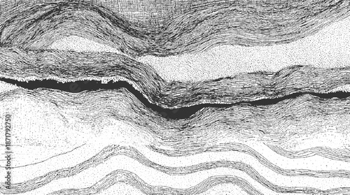 Abstract black and white ink of flowing geological layers with stippled textures and wavy lines creating a sense of depth and movement
