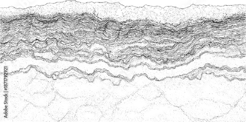 Detailed geological cross-section featuring numerous wavy, layered formations with a granular texture throughout