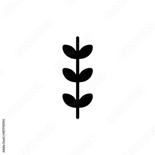 Abstract geometric icon of a thyme sprig with perfect circular leaves and clean straight lines. Modern black and white minimalist herb branch vector for contemporary branding and tech-organic logos