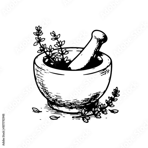 Minimalist icon of a thyme sprig with mortar and pestle. Black and white vector illustration representing herbal medicine, fresh spice grinding, and traditional culinary preparation