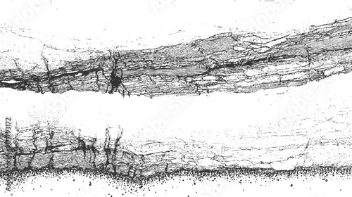 Striking monochrome depiction of fractured geological rock formations with sharp lines and granular textures, suggesting immense pressure and natural weathering processes over time
