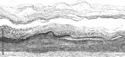 Detailed cross-section of geological strata showcasing distinct layers of rock and sediment with intricate line work and a monochromatic palette