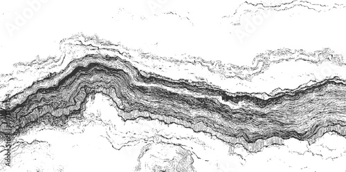 Striking monochrome abstract depicting a geological formation with dramatic folds and layered textures rendered in detailed line and shading