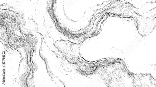 Abstract monochrome of swirling, organic lines creating a textured pattern resembling topographical maps or flowing water