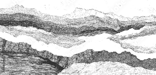 Abstract monochrome mountain range depicted with detailed line work and varied textures creating a dramatic and organic landscape effect