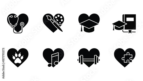 Diverse heart icons representing various passions professions and interests