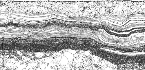 Detailed cross-section of geological strata showing layers of sediment and rock formations with distinct textures and variations in density and composition