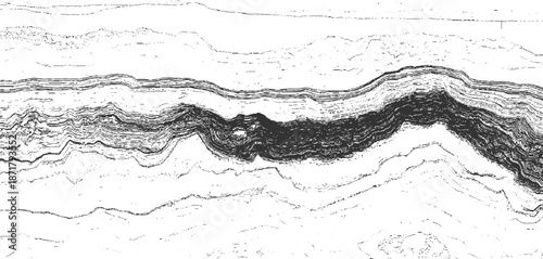 Abstract representation of seismic data or geological subsurface layers with undulating lines and dark dense areas suggesting underground structures and formations