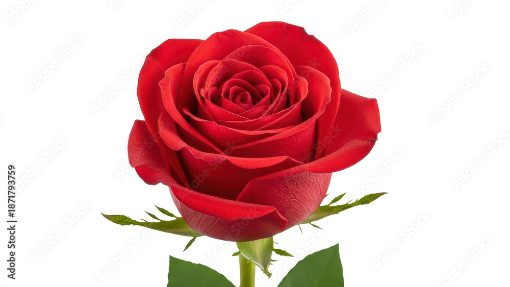 Naklejka premium Single Red Rose Flower Bud with Green Stem isolated PNG with Transparent Background
