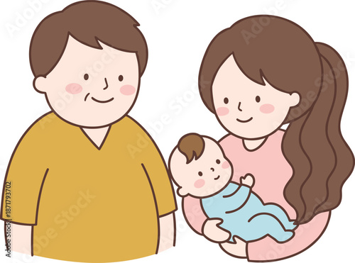 Happy parents with newborn baby illustration, loving family and childcare concept, mother father infant, cute cartoon vector design