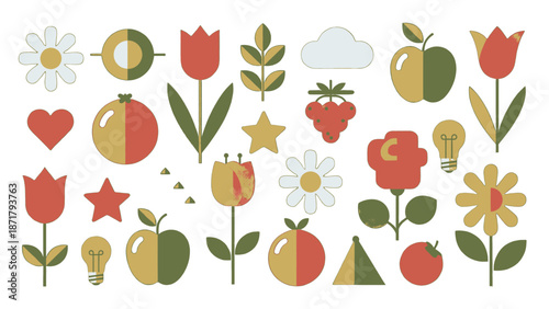 Colorful flat design icons of fruits, flowers, and symbols for web and mobile app design