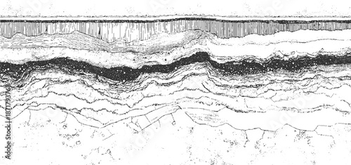 Detailed cross-section of geological strata showing layered rock formations and sedimentary deposits with varying textures and densities in a monochromatic artistic style